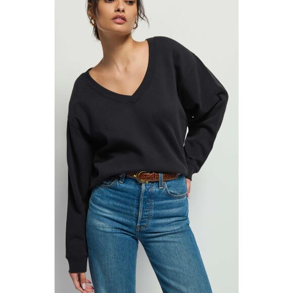 Nation Wyatt V-Neck Black Sweatshirt Classic Varsity Lounge Quiet Luxury Small - Picture 1 of 9